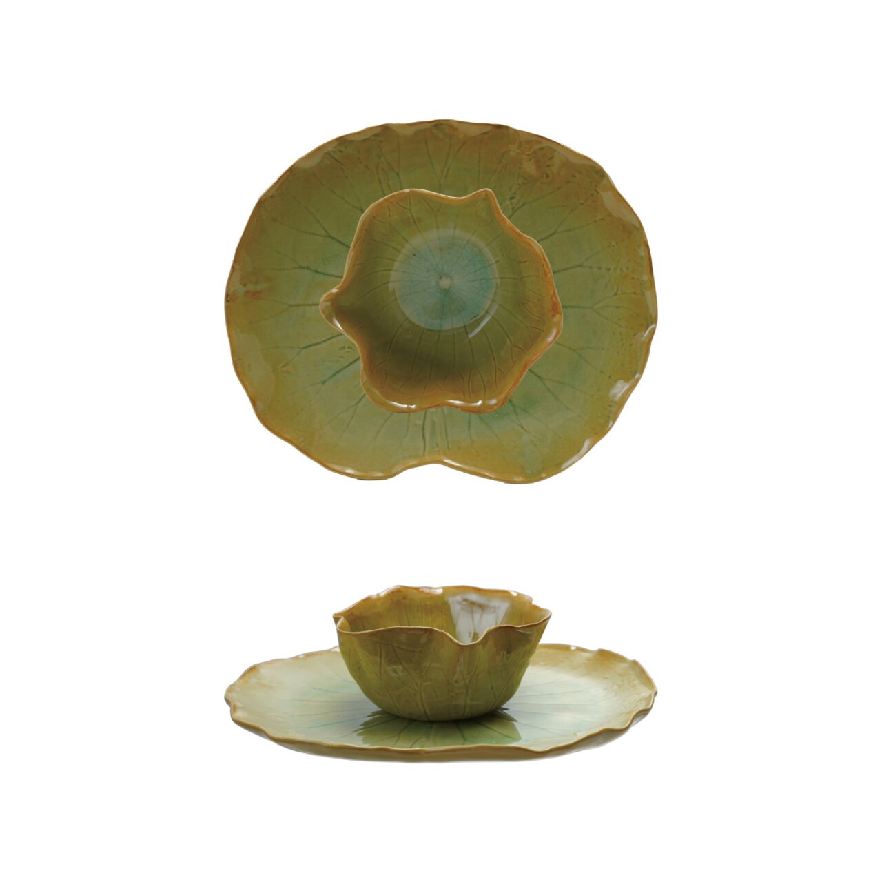 Hello Honey Stoneware Water Lily Plate with Bowl in Reactive Crackle Glaze, Green